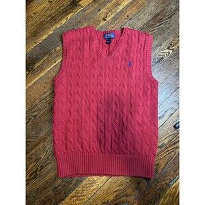 Polo Ralph Lauren Sweater Vest Boys Large 14-16 Red Cable Knit V Neck Pullover